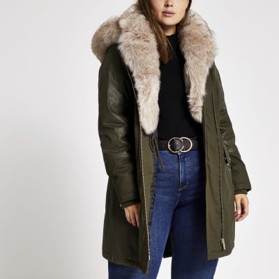 Plus khaki long sleeve faux fur parka coat