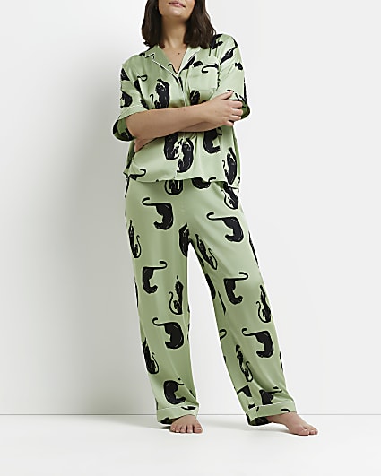 Plus khaki printed satin pyjama trousers