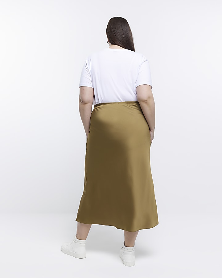 Plus Khaki Satin Midi Skirt