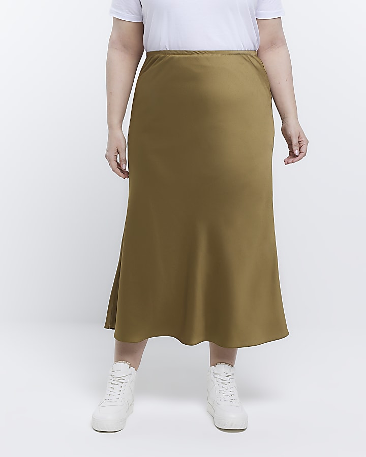 Plus Khaki Satin Midi Skirt