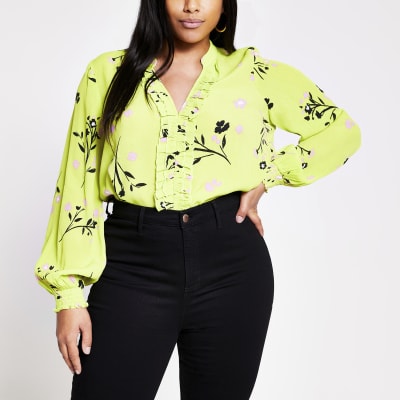 Plus lime floral print long sleeve blouse | River Island