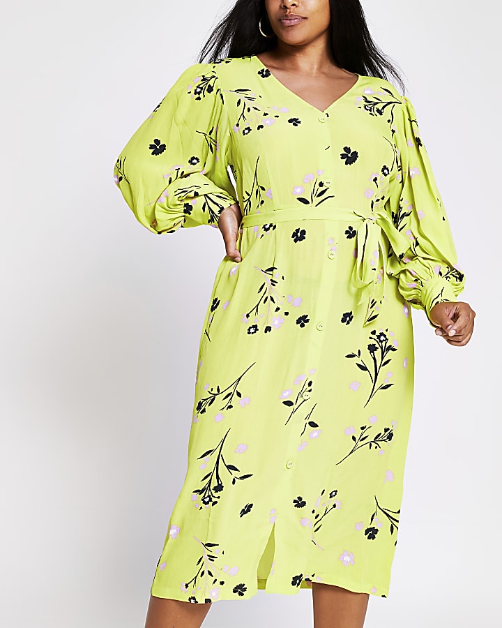 Plus lime long sleeve printed midi dress | River Island