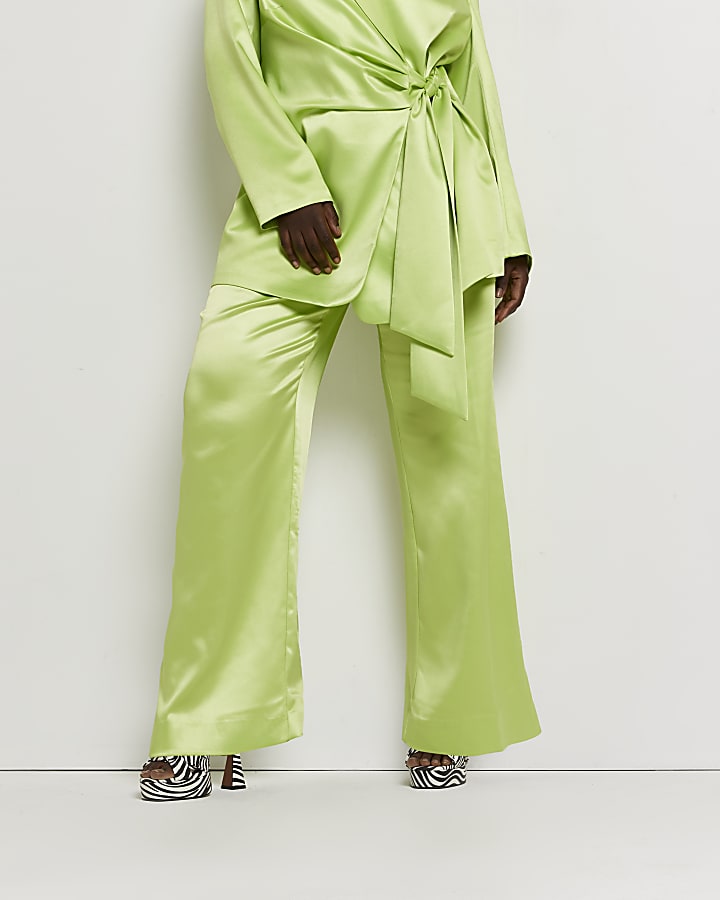 Plus lime satin wide leg pleated trousers