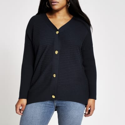 Plus navy button front ribbed knit cardigan | River Island