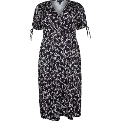 Plus navy floral print puff sleeve midi dress