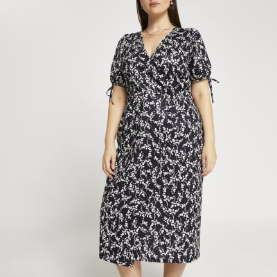 Plus navy floral print puff sleeve midi dress