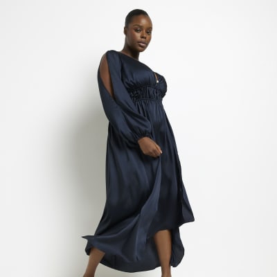 Plus navy satin cold shoulder maxi dress | River Island