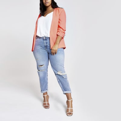 Plus neon orange ruched sleeve blazer