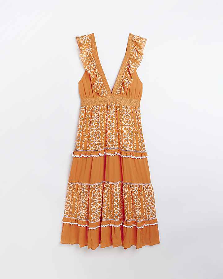 Plus orange embroidered frill maxi dress