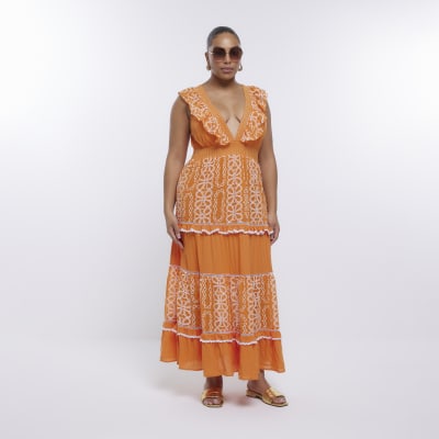 Plus orange embroidered frill maxi dress, River Island