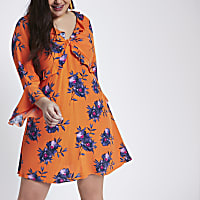 Plus orange floral print twist frill dress