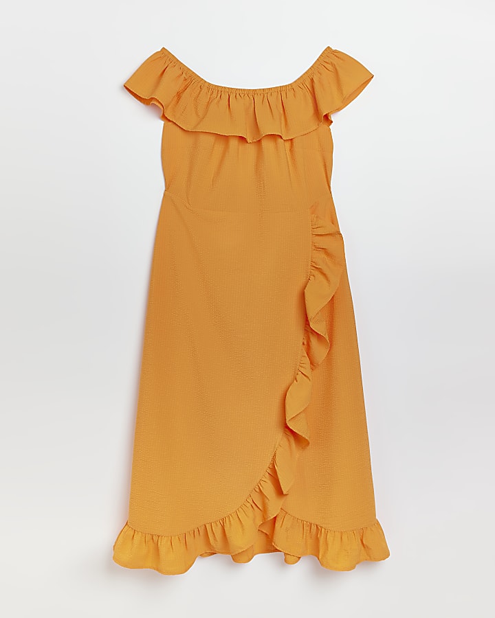 Plus Orange frill Bardot Midi Dress