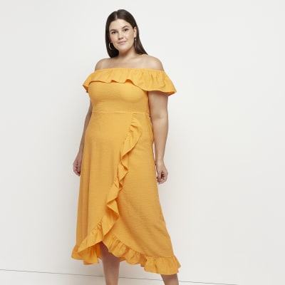 Plus Orange frill Bardot Midi Dress | River Island