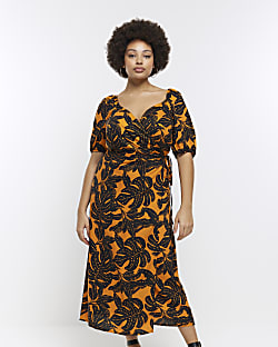 Plus orange leaf print wrap midi dress