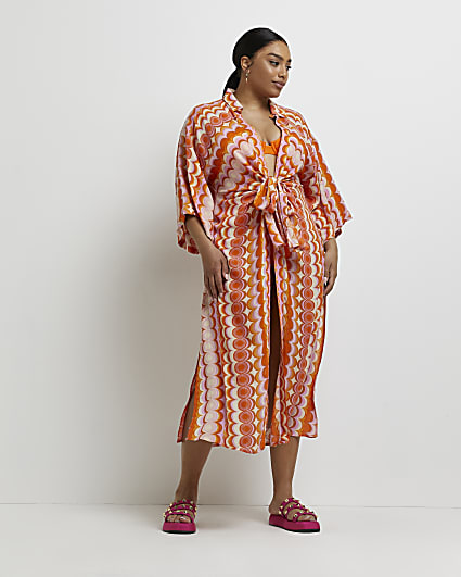 Plus orange retro print longline kimono