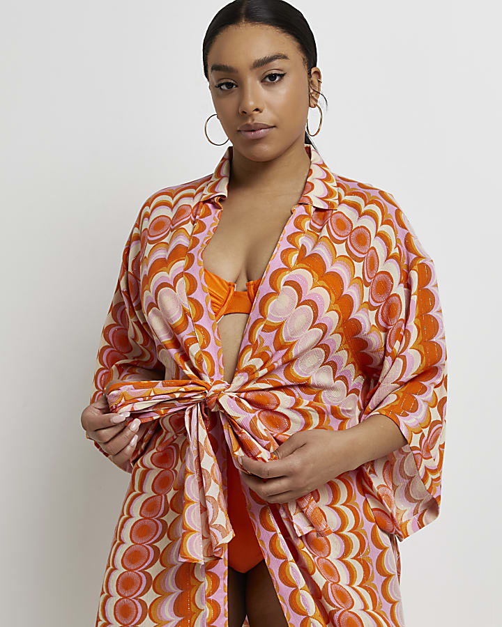Plus orange retro print longline kimono