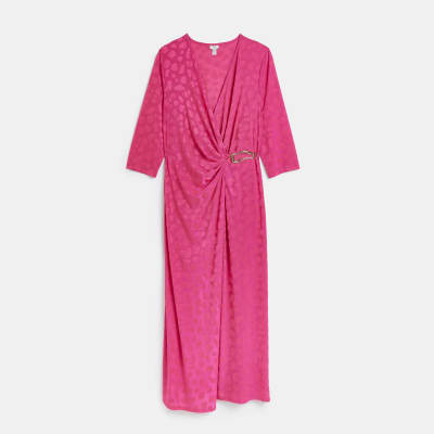 Plus pink animal print wrap midi dress | River Island