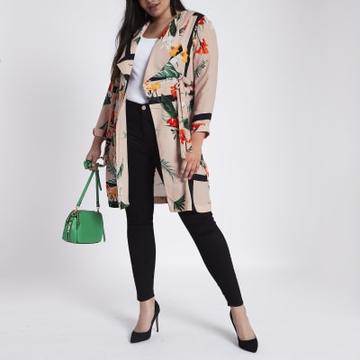 Plus pink fallaway floral D-ring duster coat