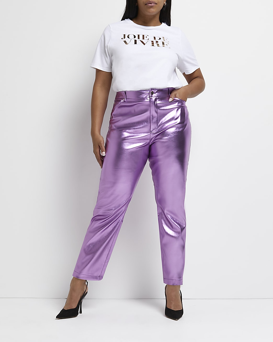 River Island Womens Plus Pink faux leather straight leg trousers