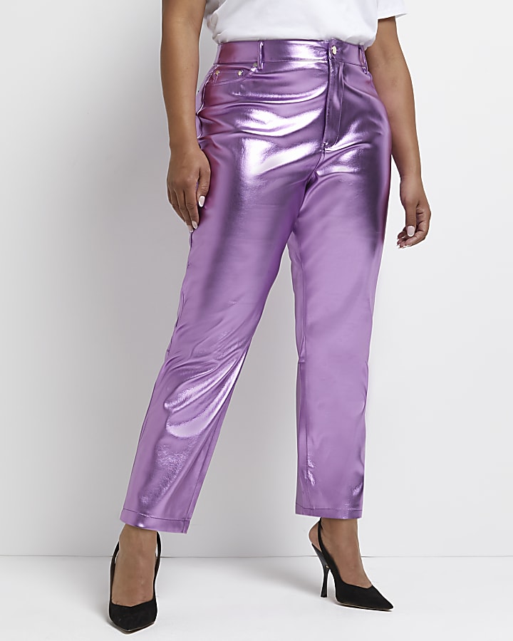 Plus pink faux leather straight leg trousers