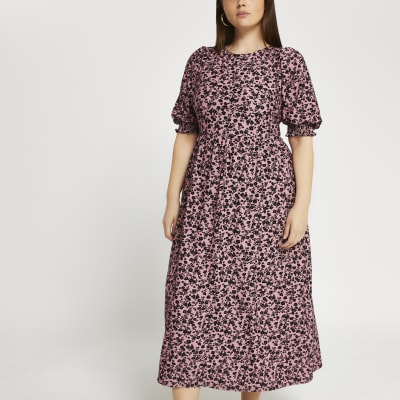 Plus pink floral cut out back midi dress