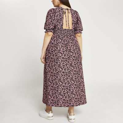 Plus pink floral cut out back midi dress