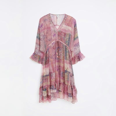 Plus pink floral long sleeve maxi dress