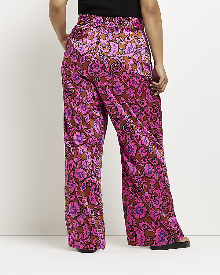 Plus pink floral wide leg pleated trousers