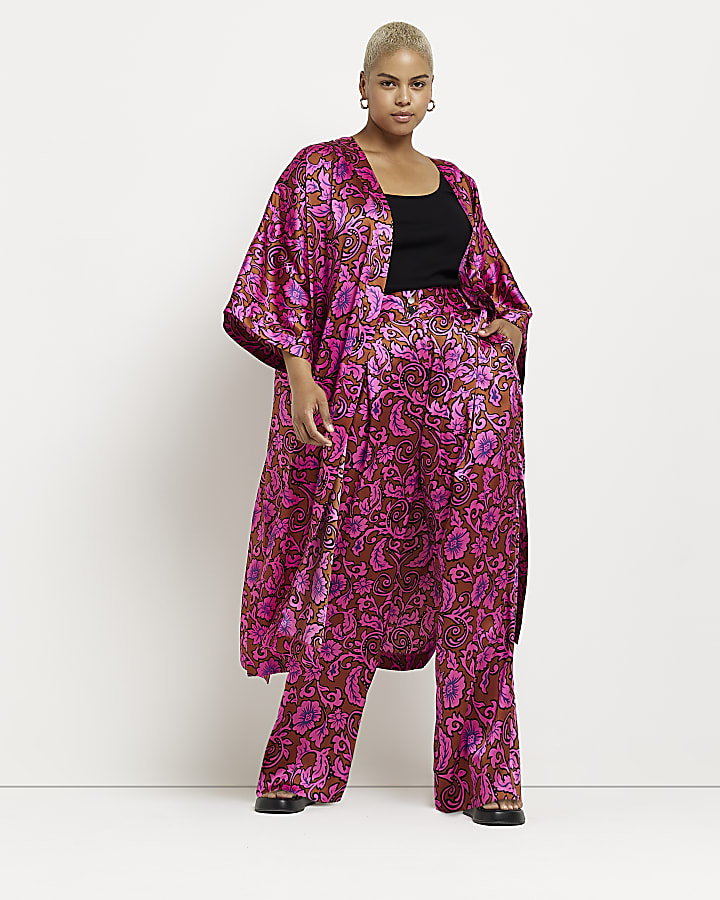 Plus pink floral wide leg pleated trousers