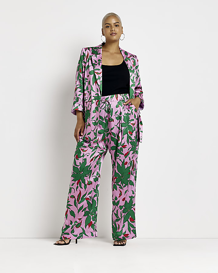 Plus pink floral wide leg trousers