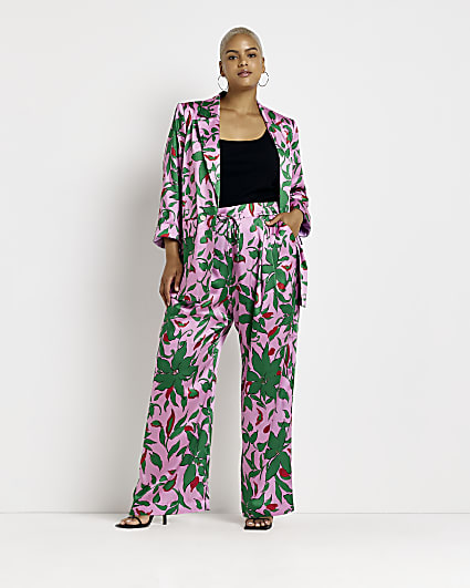 Plus pink floral wide leg trousers