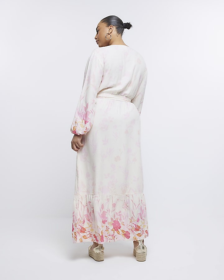 Plus pink floral wrap maxi dress