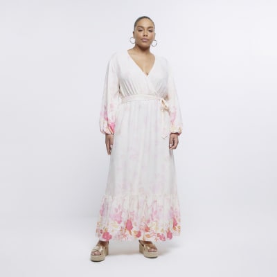 Plus pink floral wrap maxi dress, River Island
