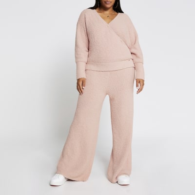 Plus pink fluffy knit wide leg trousers