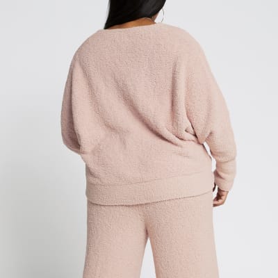 Plus pink fluffy knit wrap long sleeve top
