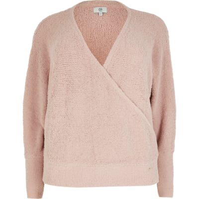 Plus pink fluffy knit wrap long sleeve top
