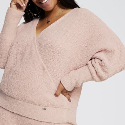 Plus pink fluffy knit wrap long sleeve top