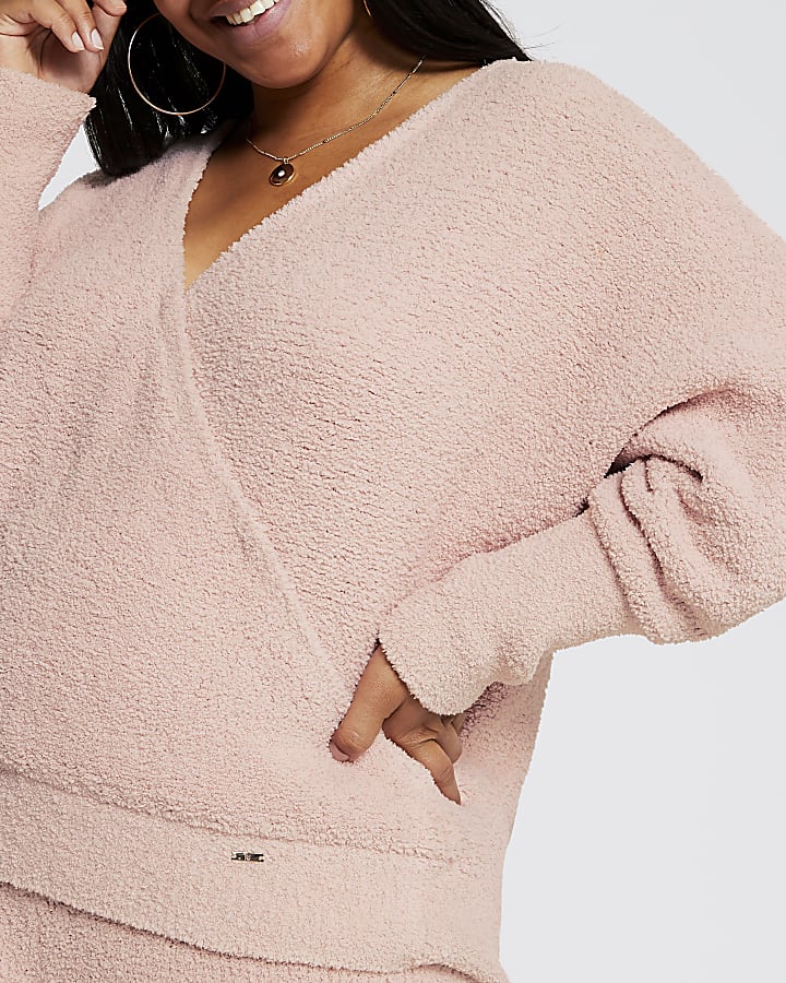 Plus pink fluffy knit wrap long sleeve top