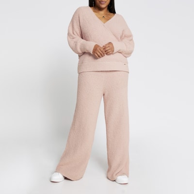 Plus pink fluffy knit wrap long sleeve top