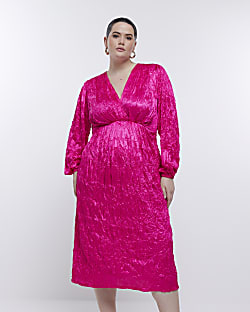 Plus pink long sleeve wrap midi dress
