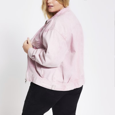 Plus pink pocket front denim jacket