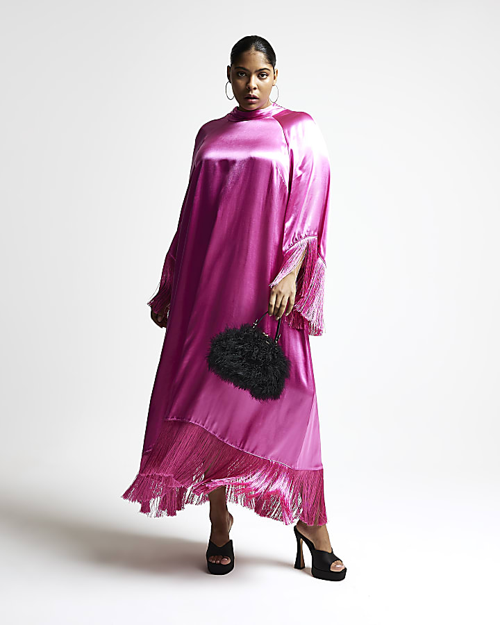 Plus pink RI Studio satin fringe maxi dress