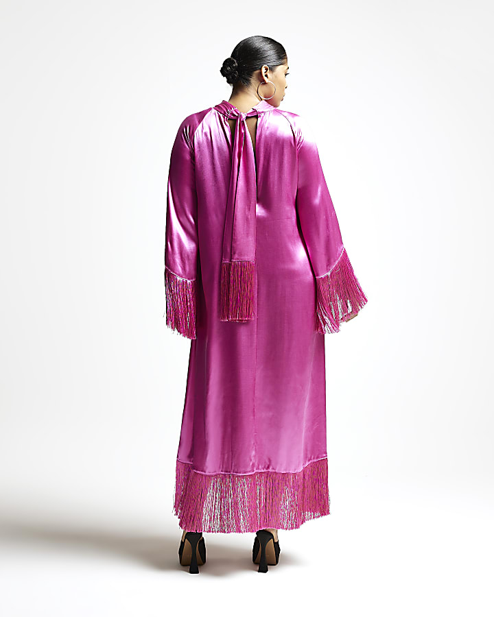 Plus pink RI Studio satin fringe maxi dress