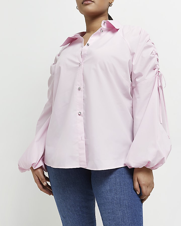 Plus pink ruched sleeve shirt