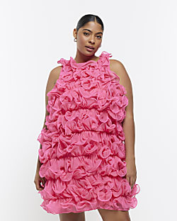 Plus pink ruffle smock mini dress