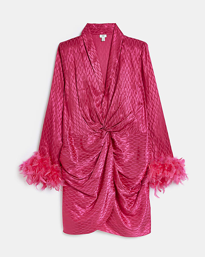 Plus pink satin feather trim wrap mini dress