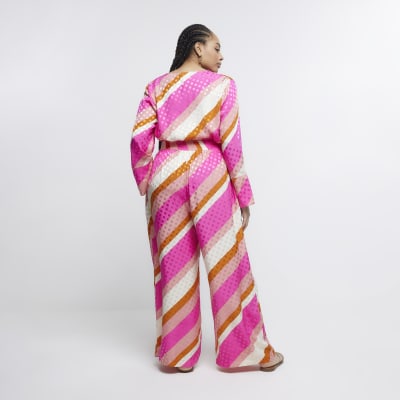 Plus pink satin striped wide leg trousers