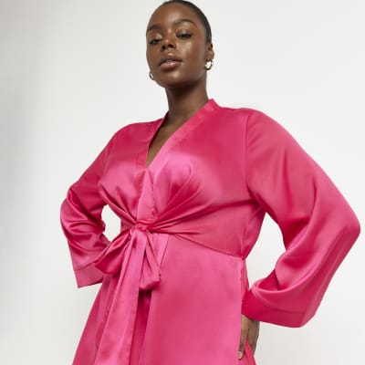 Plus pink satin tie front mini dress