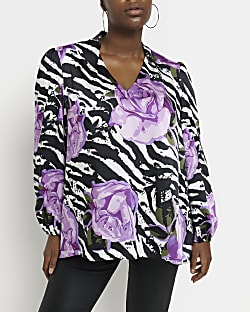 Plus purple satin animal print floral blouse