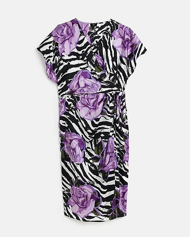 Plus purple satin floral wrap midi dress